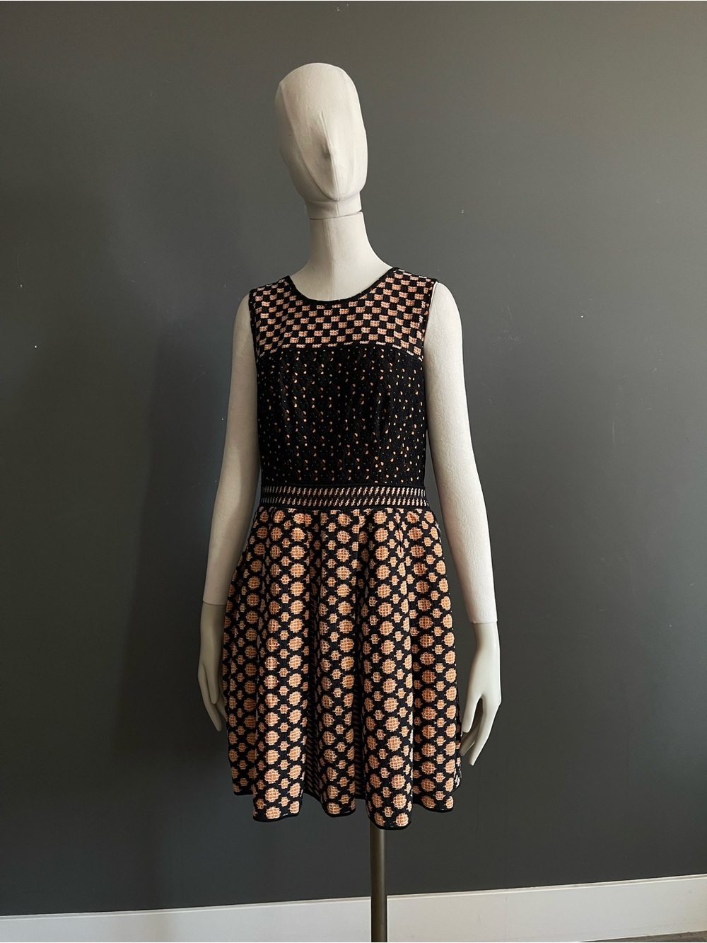 Missoni Italy 46 Black Copper Openwork Knit Sleeveless Fit Flare Cocktail Dress